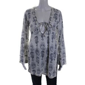 Letarte Handmade Womens Long Sleeve Paisley V Neck Shirt White Navy Size Small